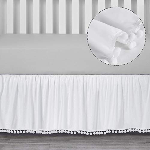 Product Cover TILLYOU Ruffled Crib Skirt with Pompoms, Microfiber Nursery Crib Toddler Bedding Skirts for Baby Boys Girls, 14'' Drop,White