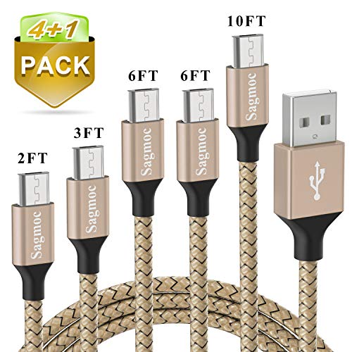 Product Cover for Samsung Galaxy Note Charger Cable - Sagmoc Micro USB Cable Premium Shiny Nylon Braided Charging Cord for Android【4+1 Pack】 10FT 2x6FT 3FT 2FT for Nexus, LG, HTC, Nokia, Sony, Moto（Champagne Gold）