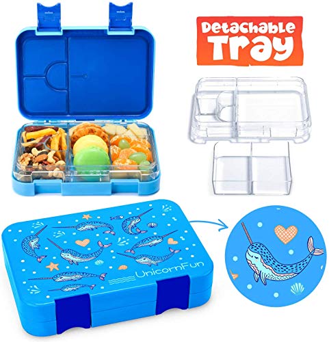 Product Cover UnicornFun Bento box 6 Compartment Bento-Style Kids Childrens Lunch Box BPA-Free Food-Safe Materials Storage Bags Freezer Safe, Lunch Solution Offers, Leak-Proof for Lunch, Snacks, Fruit(Blue)
