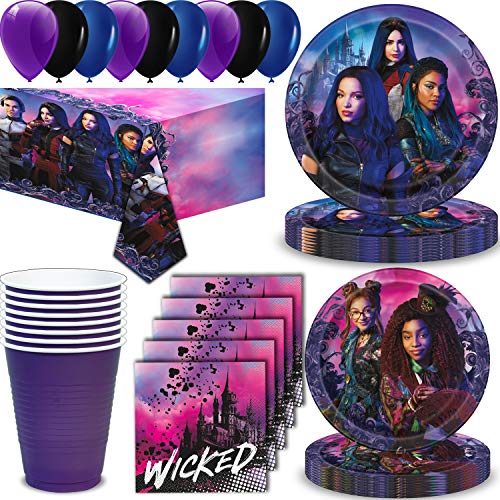 Product Cover Descendants 3 Party Supplies for 16 - Large Plates, Dessert Plates, Napkins, Table cover, Cups, Balloons - Great Disney Decorative Birthday Set with Audrey, Uma, Lady Tremaine, King Ben and more!