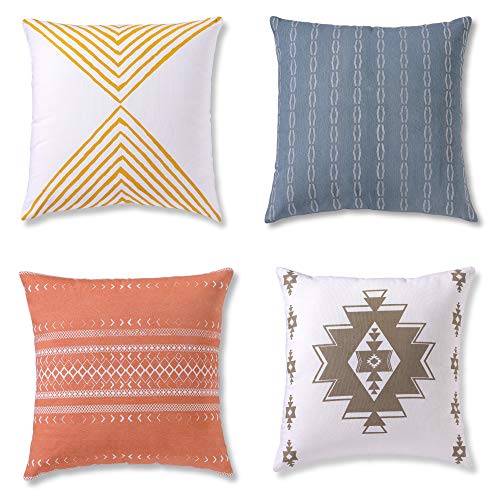Product Cover Decorative Throw Pillow Covers, Cushion Cases or Pillow Cases for Couch, Sofa, Bedroom, Bohemian Pillow Set of 4 18 X 18 Inches Cushion Cover for Home Décor or Farmhouse, 100% Cotton, Reef Set