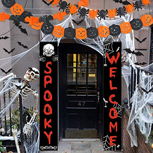 Product Cover Auihiay Halloween Porch Sign with Paper Halloween Garlands Pumpkin Spider Bats Shape Banner and 3D Halloween Decorative Bats