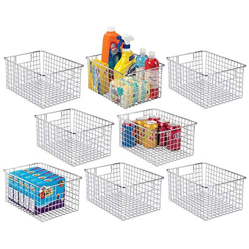 Product Cover mDesign Farmhouse Decor Metal Wire Stackable Food Storage Organizer Bin Basket with Handles - for Kitchen Cabinets, Pantry, Bathroom, Laundry Room, Closets, Garage - 8 Pack - Chrome