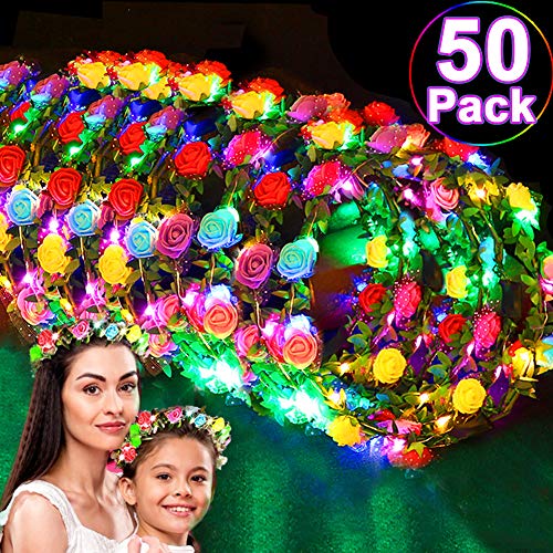 Product Cover 50 Pack Led Flower Crowns Party Favors, Light Up Headband Valentine's Day Glow in The Dark Party Supplies School Prize Gift Adjustable Headdress Accessories for Girls Women Birthday Wedding Holiday