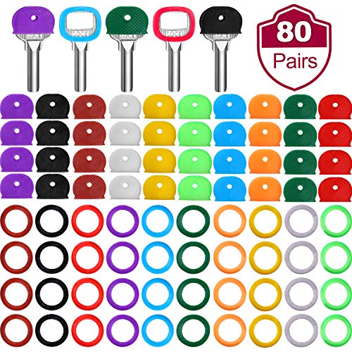 Product Cover Blulu 80 Pieces Key Caps Tags Covers Set Plastic Key Identifier Rings Key Toppers for Keys Organization House Key, 10 Colors, 2 Styles