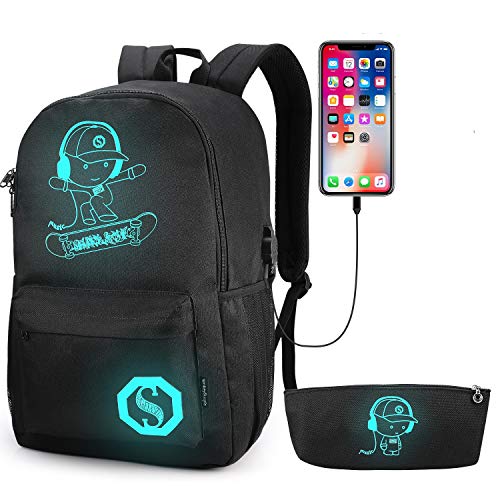 Product Cover School Backpack, Pawsky Anime Luminous Backpack with USB Charging Port, Anti Theft Lock and Pencil Case for Teen Boys and Girls, College School Bookbag Lightweight Laptop Bag, Black