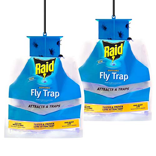 Product Cover Raid Fly Trap (2-Pack), Outdoor Fly Trap, Disposable Fly Trap Bag, House Fly Trap with Food-Based Attractant, Hanging Fly Bag, 2 Home Fly Trap Bags, Outside Fly Control for Home, Hanging Fly Bait Bags