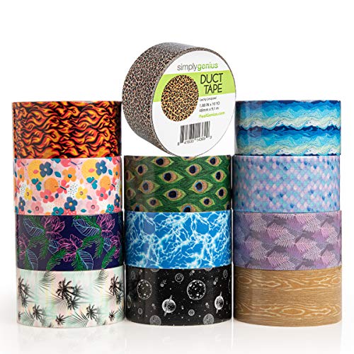 Product Cover Simply Genius (12 Pack) Patterned and Colored Duct Tape Variety Pack Tape Rolls Craft Supplies for Kids Adults Patterned Duct Tape Colors, Nature Patterns