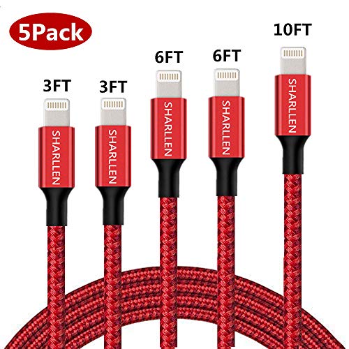 Product Cover iPhone Charger Cable, 3/3/6/6/10FT SHARLLEN Nylon Braided Lightning Cord MFi Certified USB Fast Charging&Syncing iPhone Charging Cable Compatible iPhone XS/Max/XR/X/8/8P/7/7P/6/6P/6S/iPad 5Pack(Red)