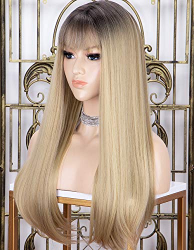 Product Cover K'ryssma Ombre Blonde Wig with Dark Roots Glueless Straight Long Synthetic Wigs with Cute Bang Heat Resistant Hair for Daily Wear