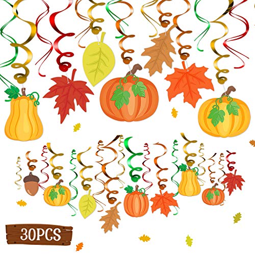 Product Cover 30CT Autumn Fall Theme Party Hanging Foil Swirl Decorations Pumpkins Maple Leaves Acorns Baby Shower Bridal Shower Harvest Thanksgiving Photo Props Ideas Ceiling Door Whirls Streamers Supplies
