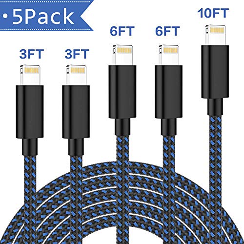 Product Cover ONXIGLI MFi Certified iPhone Charger Lightning Cable 5 Pack[3/3/6/6/10FT]Extra Long Nylon Braided USB Charging&Syncing Cord Compatible iPhone Xs/Max/XR/X/8/8Plus/7/7Plus/6S/6S Plus/SE/iPad/Nan More