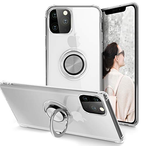 Product Cover iPhone 11 Pro Case 5.8 inch 2019, Clear Body Soft TPU Shockproof Case with 360 Degree Rotation Ring Kickstand(Work with Magnetic Car Mount) for iPhone 11 Pro, Clear