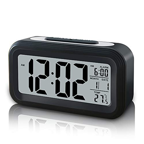 Product Cover GLOUE Battery Operated Cordless Digital Alarm Clock, Smart Sensor Night Light, Date, Snooze, Temperature, 12/24Hr switchable, Simple Operation, for Kids/Heavy Sleepers/Bedroom/Travel (Black)