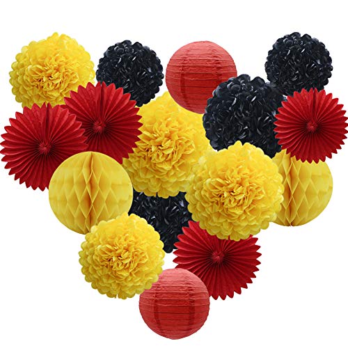 Product Cover Yellow Black Red Party Decorations 16pcs Paper Pom Poms Honeycomb Balls Lanterns Tissue Fans for Firetruck Birthday Graduation Mickey Mouse Theme Baby Shower