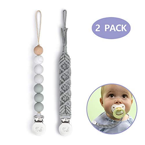 Product Cover Pacifier Clips BPA Free Silicone Beaded Binky Holder and Cotton Rope/Natural Holder for Boy and Girl Teething Holder Infant Baby Shower Gift （2 Pack, Grey）
