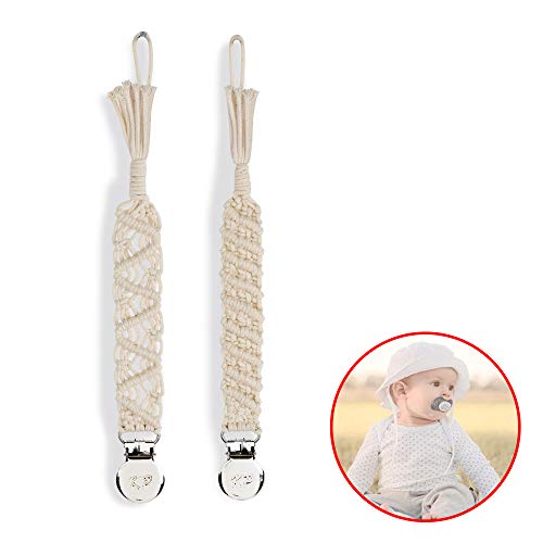 Product Cover Macrame Baby Pacifier Clips, Braided Pacifier Leash &Teething Toys-Best for Boys and Girls ， Baby Shower Gifts (Beige)