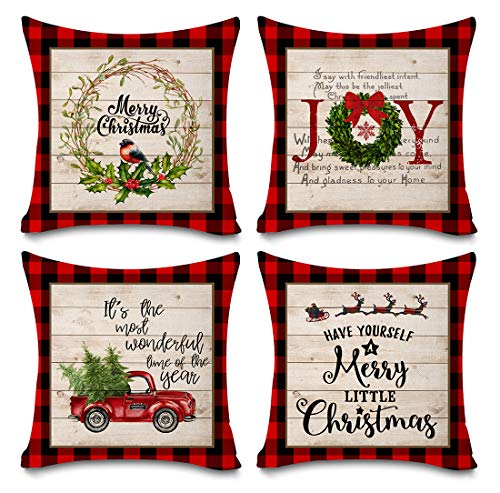 Product Cover Faromily Buffalo Plaid Christmas Pillow Covers Farmhouse Decorative Cotton Linen Throw Pillow Cases 18 x 18 Inch Set of 4 Christmas Decoration