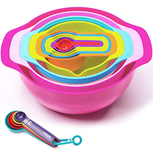 Product Cover Cheer Collection 15 Piece Nested Bowl Set with Mixing Bowls, Colander, Sifter and Measuring Spoons, BPA-Free Bright Colorful Plastic Space-Saving Food Prep