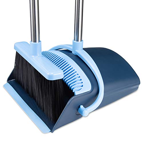 Product Cover Broom and Dustpan Set 2019 Outdoor Or Indoor Broom Dust Pan 3 Foot Angle Heavy Push Combo Upright Long Handle for Kids Garden Pet Dog Hair Lobby Wood Floor Sweeping Kitchen House (Broom Blue)