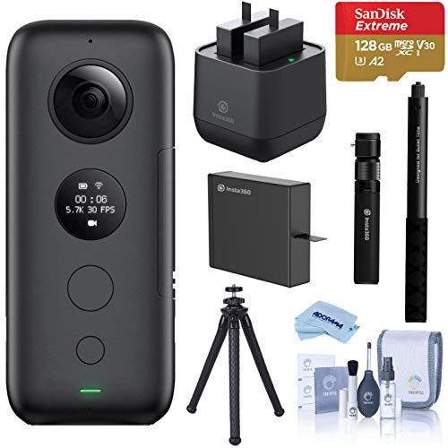 Product Cover Insta360 ONE X 360 Action Camera, 5.7K Video and 18 MP Photos, Bundle with Bullet-Time Handle, Selfie Stick, Dual Charger, Extra Battery, 128GB microSD Card, FotoPro UFO 2 Tripod, Cleaning Kit