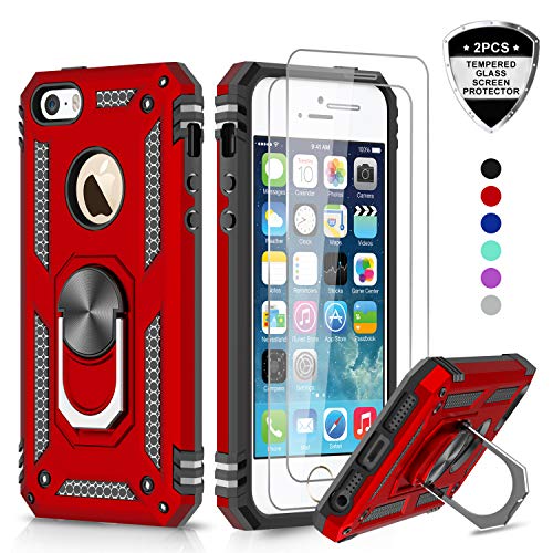 Product Cover LeYi iPhone se Case, iPhone 5s Case, iPhone 5 Case with Tempered Glass Screen Protector [2 Pack], Military Grade Protective Phone Case with Ring Magnetic Car Mount Kickstand for iPhone 5/5s/se, Red