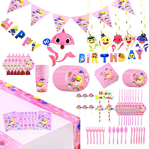 Product Cover 142 Pcs Baby Cute Shark Party Favor Party Decorations Pink Theme Birthday Party Supplies, Flatware, Spoons, Fork, Knife, Plates, Cups, Straws, Table Covers, Banner, Napkins Blowouts, Balloon, Cake Toppers, Pennant, Tablecloth Birthday Party