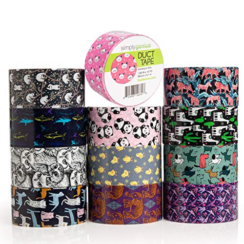 Product Cover Simply Genius (12 Pack) Patterned and Colored Duct Tape Variety Pack Tape Rolls Craft Supplies for Kids Adults Patterned Duct Tape Colors, Animal Patterns