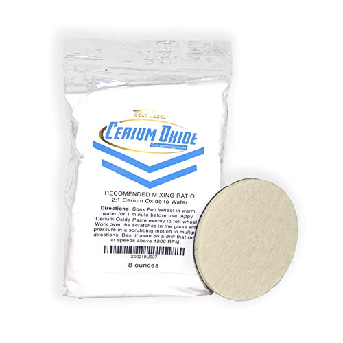 Product Cover Optical Grade Cerium Oxide 8oz Glass Repair Powder | Glass Window and Windshield Repair | Optical Grade, for use with Camera, Scope, Binocular Lens | Remove Scratches and Scuffs (8oz with 3