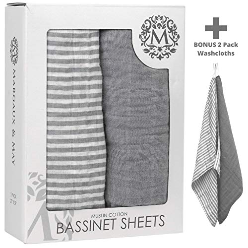 Product Cover Margaux & May Bassinet Sheets | Change Pad Sheets | 100% Muslin Cotton | 2 Pack | Perfect for Baby Girl/Boy | Ultra Breathable | Fitted - Stretch to fit Oval & Rectangle - Solid Grey & Stripes Design