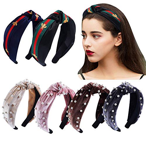 Product Cover 6 Pack Women Headbands Wide Knotted Turban Headbands，4 Velvet Faux Pearl Vintage Headbands, and 2 Red Green Stripe Headbands Bee Headbands, Fashion Hair Accessories for Women and Girls