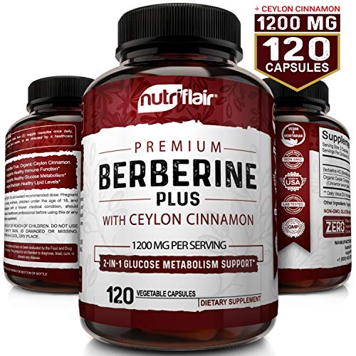 Product Cover NutriFlair Premium Berberine HCL 1200mg Plus Organic Ceylon Cinnamon - 120 Capsules - Healthy Blood Sugar, Glucose Metabolism, Immune System, Insuline Support - Berberine HCI Root Supplement Pills