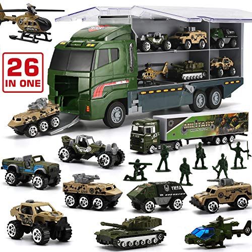 Product Cover 26 Pieces Military Truck with Soldier Men Set, Mini Die-cast Battle Car in Carrier Truck, Army Toy Double Side Transport Vehicle for Kid Child Girl Boy Play Birthday Party Favors