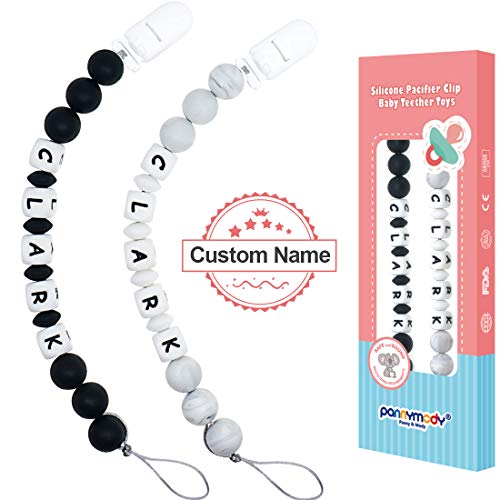 Product Cover Pacifier Clip Personalized Name Panny & Mody Baby Girls Boys Binky Holder Soothie Paci Clip Silicone Bead Teething Relief Teether Toy Handmade Birthday Shower Gift - 2 Count