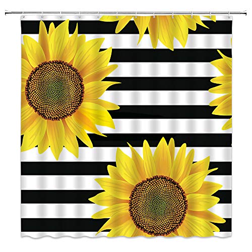 Product Cover Sunflower Shower Curtain Black and White Striped Sunflower Creative Yellow Bathroom Curtains Decor Polyester Fabric Quick Drying 70x70 Inches Include Hooks