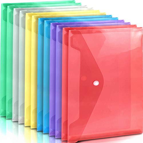Product Cover A4 Plastic Envelopes Poly Envelopes, LEOBRO 12 Pack Clear File Bags Document Folders Document Organizers with Snap Button in 6 Assorted Colors for Document Stationery Tools Organization