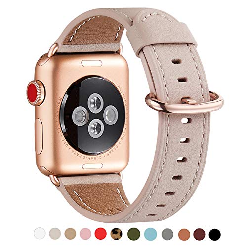 Product Cover WFEAGL Compatible iWatch Band 44mm 42mm,Top Grain Leather Band with Gold Adapter(The Same as Series 5/4/3 with Gold Aluminum Case in Color) for iWatch Series 5/4/3/2/1(PinkSand Band+Rosegold Adapter)