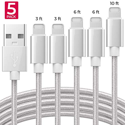 Product Cover Apple MFi Certified iPhone Charger Lightning Cable Extra Long Nylon Braided USB Charging & Data Syncing Cord Compatible iPhone Xs Max XR X 8 8Plus 7 7Plus 6S 6S Plus SE iPad  [5 Pack] - Silver