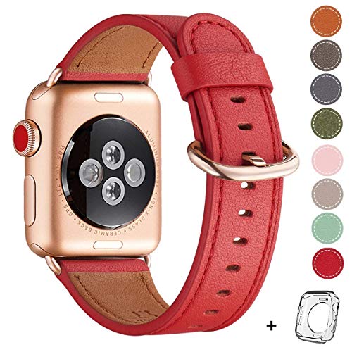 Product Cover Compatible with iWatch Band 38mm 40mm, Top Grain Leather Band Replacement Strap for iWatch Series 5,Series 4,Series 3,Series 2,Series 1,Edition (Red+Rose Gold Buckle, 38mm40mm)
