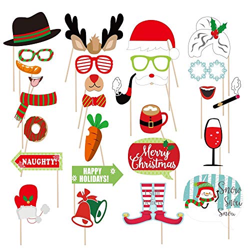 Product Cover Christmas Photo Booth Props NO DIY, Beyondtrade 28 Pcs Kits Funny Xmas Selfie Props Accessories for Adults Kids for Christmas Theme Party Favors Decorations Decor Supplies