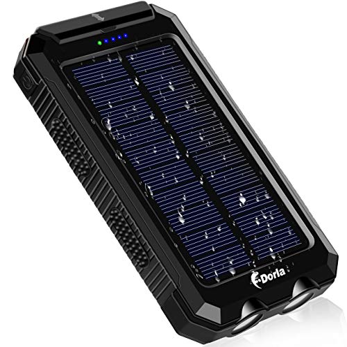 Product Cover Solar Charger, F.Dorla 10000mAh Portable Solar Power Bank, Dual 5V USB Ports Output, Waterproof, Camping External Backup Battery Pack, 2 Led Light Flashlight with Compass for iOS Android (Black)