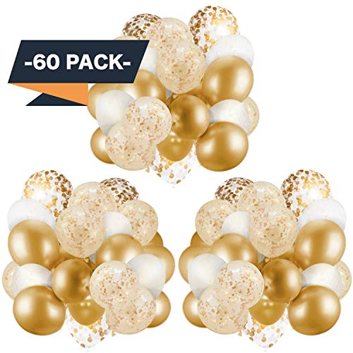 Product Cover 60 Pack Gold Balloons + Gold Confetti Balloons w/Ribbon | Balloons Gold | Gold Balloon | Gold Latex Balloons | Golden Balloons | White and Gold Balloons 12 inch | Clear Balloons with Gold Confetti |