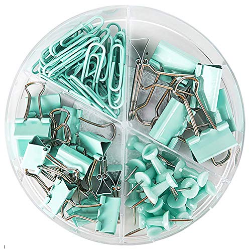 Product Cover Paper Clips and Binder Clips Push Pins Set and Holder, Syitem Non-Skid Map Tacks Thumbtacks Clips Kits with Container for Office School Home Desk Supplies, 172 PCS Assorted Sizes (Pale Blue)