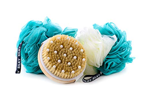 Product Cover Dry Brushing Body Brush with Bath Shower Loofah Sponge Set of 3 - Body Brush Anti-Cellulite Massager - Soft Shower Loofah 60g - for Smooth Silky and Glamorous Skin