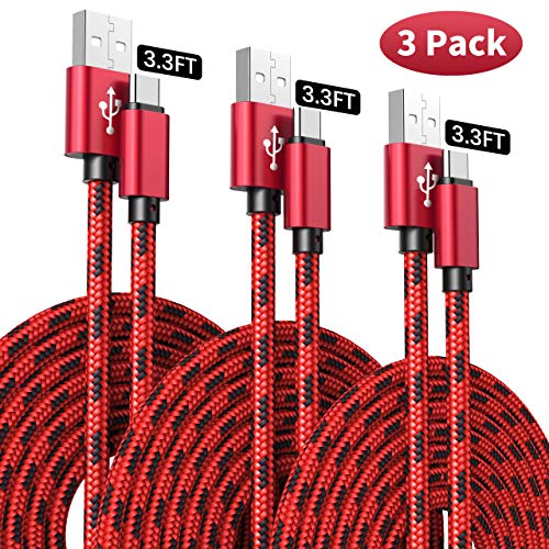 Product Cover USB Type C Cable, 3-Pack 3.3ft USB A to USB-C Fast Charger Nylon Braided Cord Phone Data Power Wire Compatible with Samsung Galaxy 9 8 S9 S8 S8 Plus S10,LG V30,V20,G6,Nintendo Switch (Red)