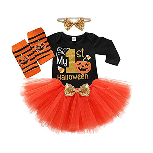 Product Cover Baby Girls Halloween Outfits Costume My 1st Halloween Romper+ Tutu Skirt+ Striated Leg Warmer+ Bunny Headband 4Pcs Outfit Set