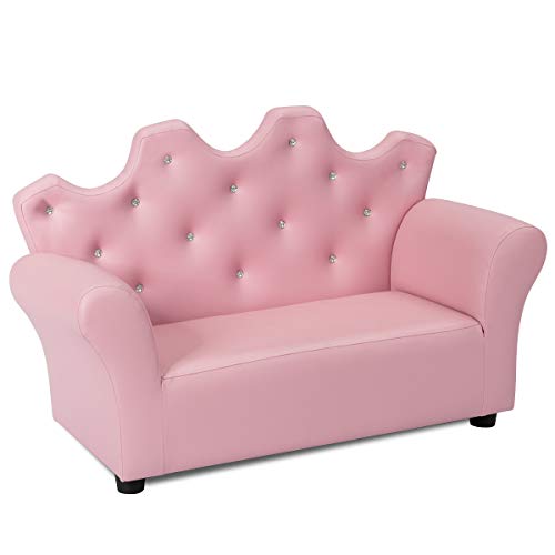 Product Cover INFANS Children Sofa Pink, Kids PVC Leather Upholstered Couch with Bejeweled Backrest, Sturdy Wood Frame, Extra Thick Sponge, Multifunction Toddler Armrest Chair, Pink (33-Inch Twins Sofa)
