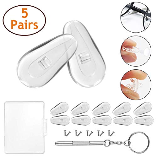 Product Cover Soft Silicone Eyeglass Nose Pads, PTSLKHN Upgraded Hard Core Air Chamber Eyeglasses Nose Pad, 5 Pairs of 15mm Screw-in Glasses Nose Pad Set(with Micro Screwdriver and Screws)