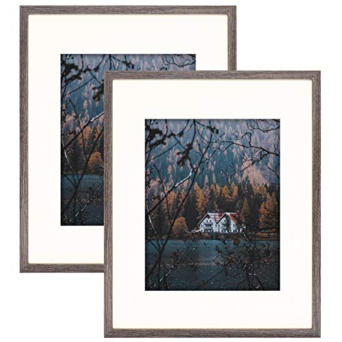Product Cover Frametory, Frame with Ivory Mat for Photo - Smooth Wood Grain Finish - Sawtooth Hangers, Real Glass - Landscape/Portrait, Wall Display (Grey, 16x20 Frame for 11x14 Photo, 2-Pack)