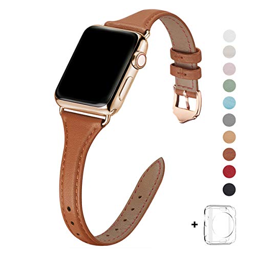 Product Cover WFEAGL Leather Bands Compatible with Apple Watch 38mm 40mm 42mm 44mm, Top Grain Leather Band Slim & Thin Replacement Wristband for iWatch Series 5 & Series 4/3/2/1 (Brown Band+Gold Adapter, 38mm 40mm)
